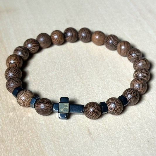 New Testament Bracelet Cross (Wood Beads)