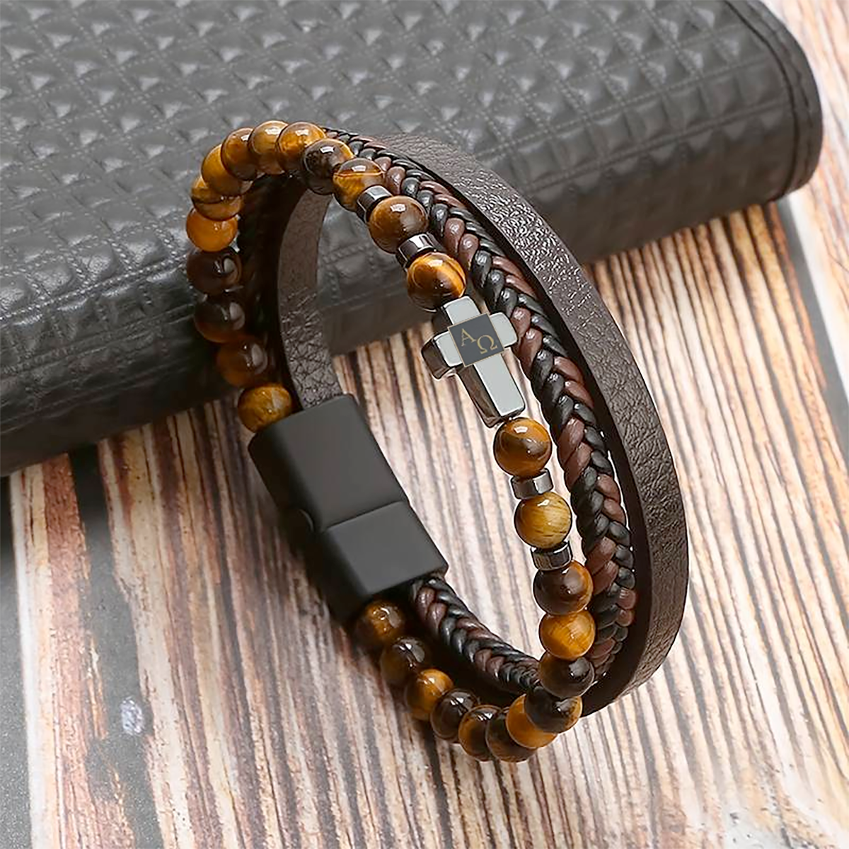 Multi Layer Tiger Eye & Leather Bracelet